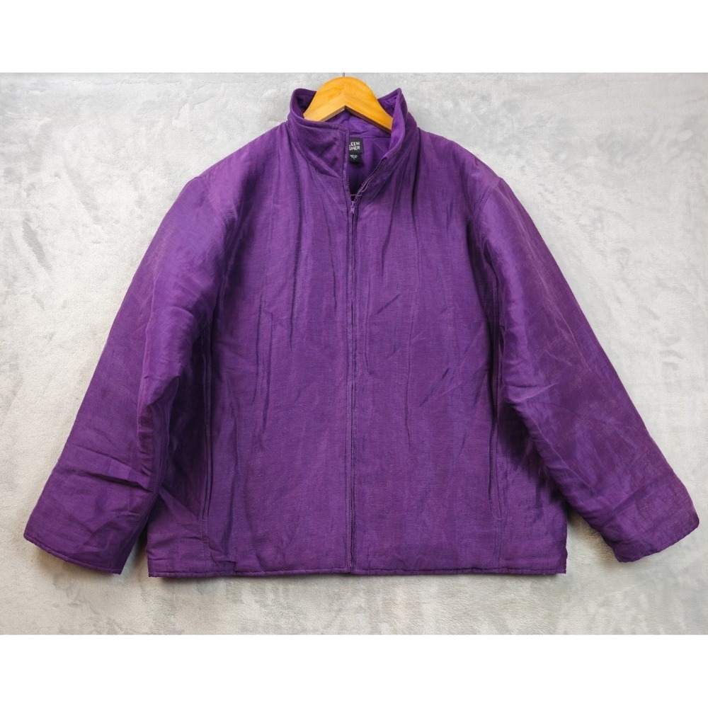 Eileen Fisher Womens Large Purple Coat Full Zip Jacket Quilted Lining Silk Linen
